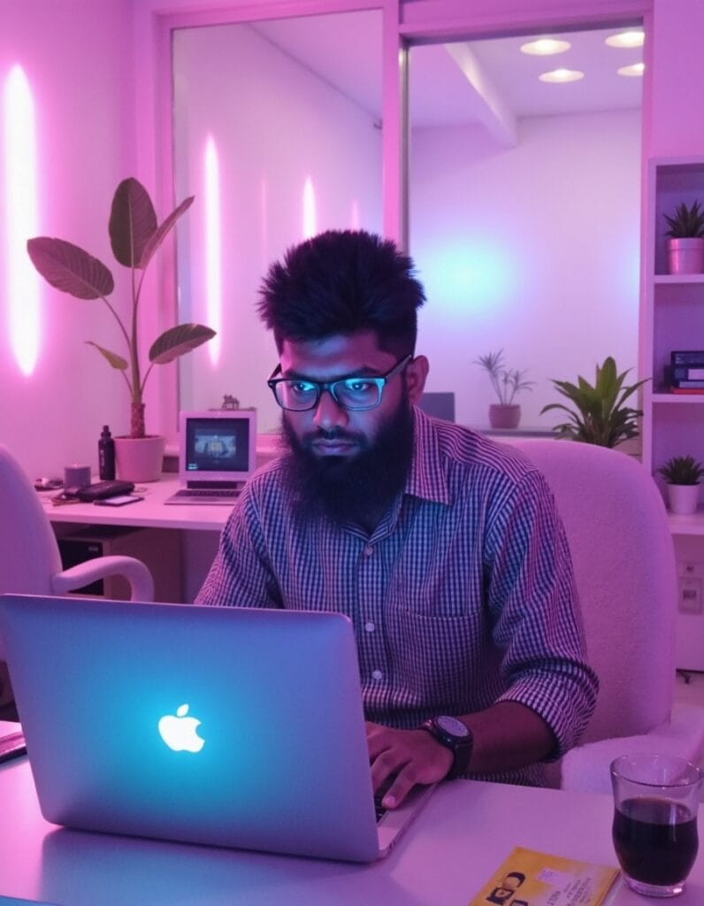 s m akram hossain is working in front of mac in a great workspace